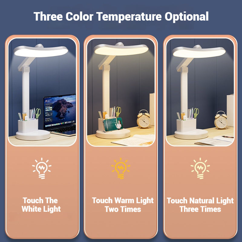 LED Table Lamp with Clock USB Charging Three-Color Temperature Pen Holder Stand Function Reading and Writing Desk Lamp