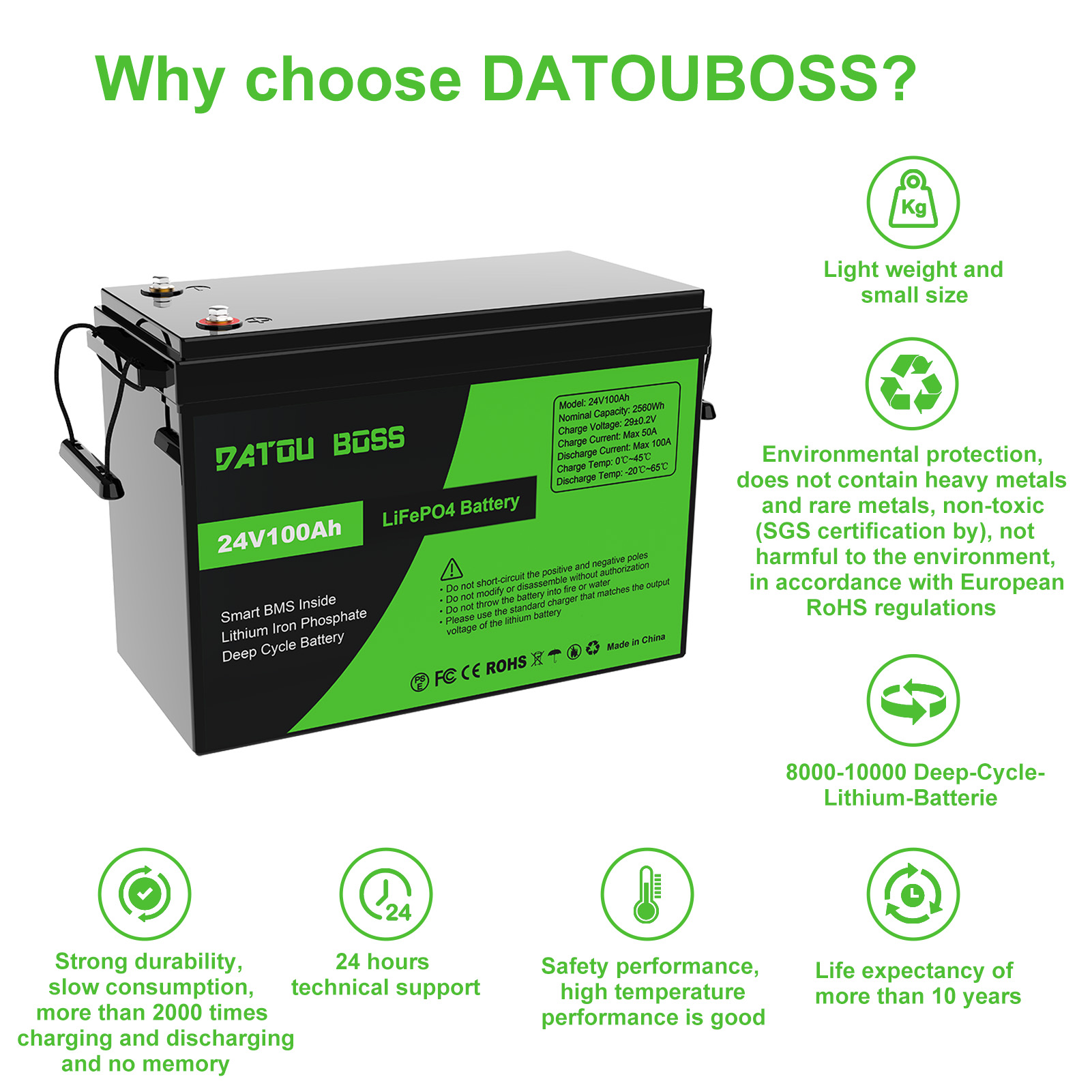24V 100Ah Lithium LiFePo4 Battery, for RV,Solar,Marine,Trolling Motor,Motorhome,Backup Power,off-Grid,Smart 100A BMS,