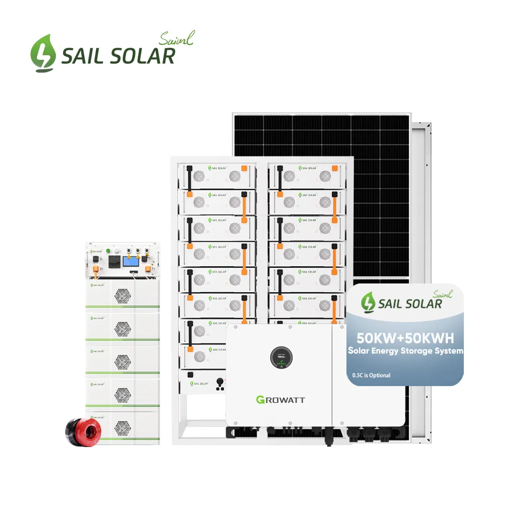 Sail Solar Power System 50kw 100kw Hybrid Commercial Use Photovoltaic Energy Storage System with Growatt Inverter Rack Lithium Battery 50kwh 100kwh 200kwh