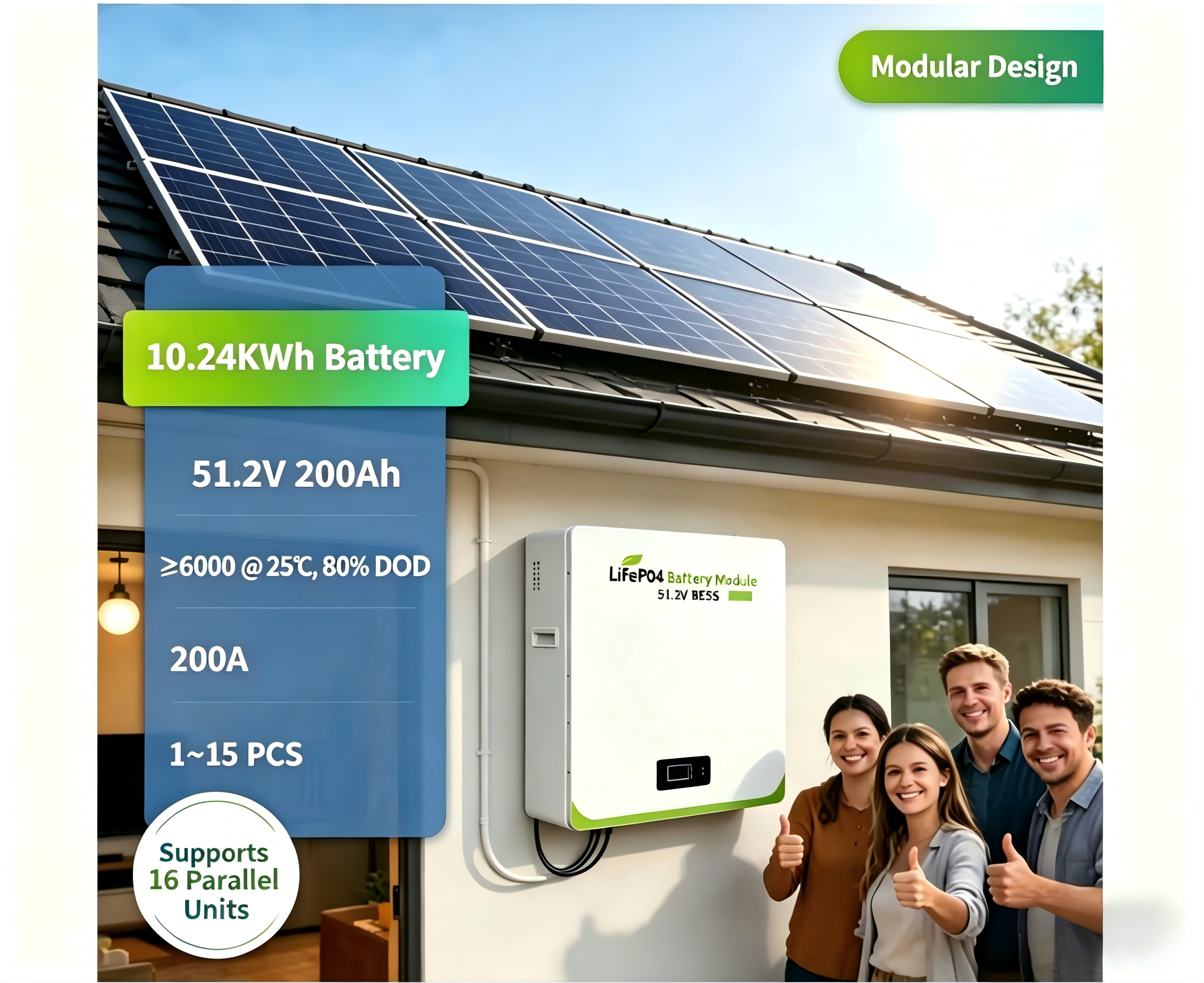 Wall-mounted Hybrid Grid Home Battery with CAN Communication Air Cooling 51.2V 5-20kWh Capacity