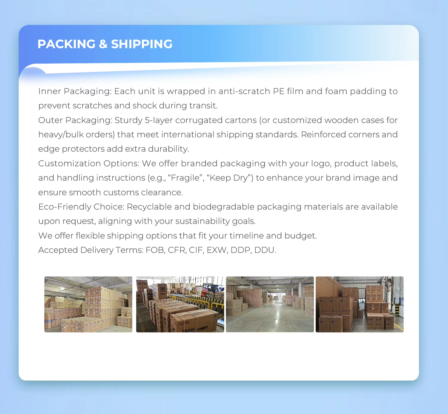 Logistics and Packaging details