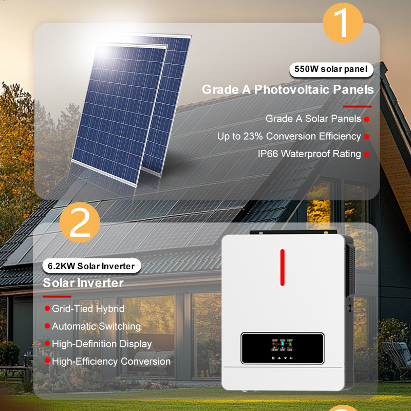 Easy Install DIY Complete Hybrid Solar Power System Kit 4.6kw 6.2kw 24v 48v Lithium Ion Battery Off Grid/Grid Tie for House