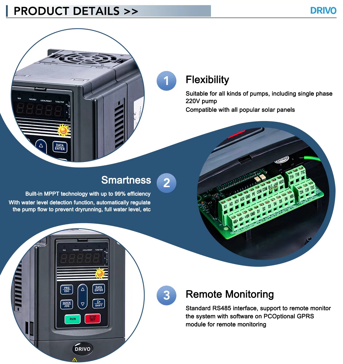 DRIVO AE300-01 LCD Display Industrial Solar Pump VFD Inverter MPPT Control AC DC Automatic Switch For Desert Water Lifting Pump