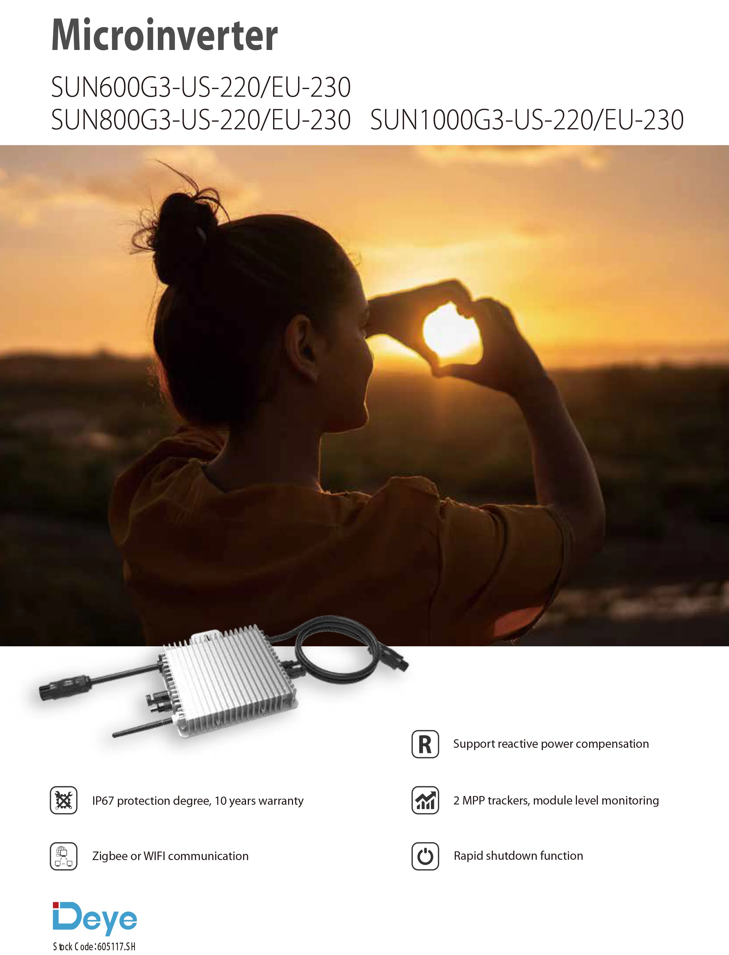 Deye Home Use Sun600g3-Us-220/EU-230 Sun800g3-Us-220/EU-230 Sun1000g3-Us-220/EU-230 Single Phase 2 MPPT Micro-Inverter Microinverter Rapid Shutdown