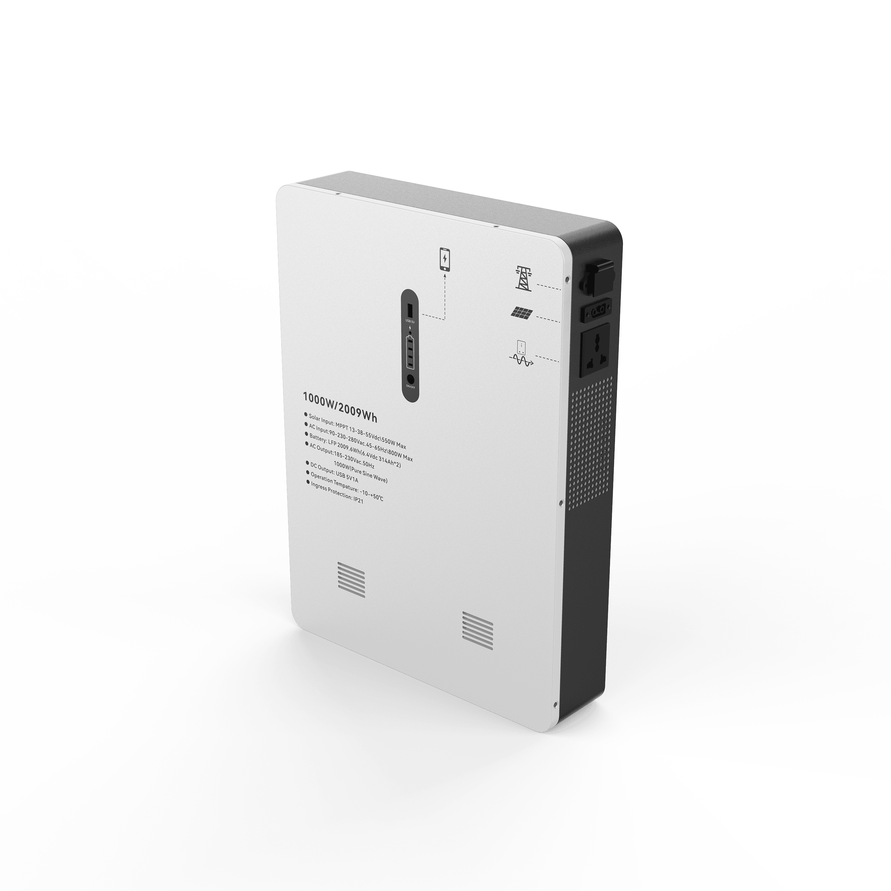 1000W 2009Wh Wall Mounted ESS All In One Solar Inverter Support Solar Charging 8000 Cycles LiFePO4 Home Energy Storage System