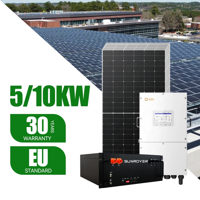 EU Standard 5/10KW Full Set Rooftop Solar Kit Tier1 Solar Panel 10Year Warranty Solis Hybrid Inverter+Sunrover Lithium Battery