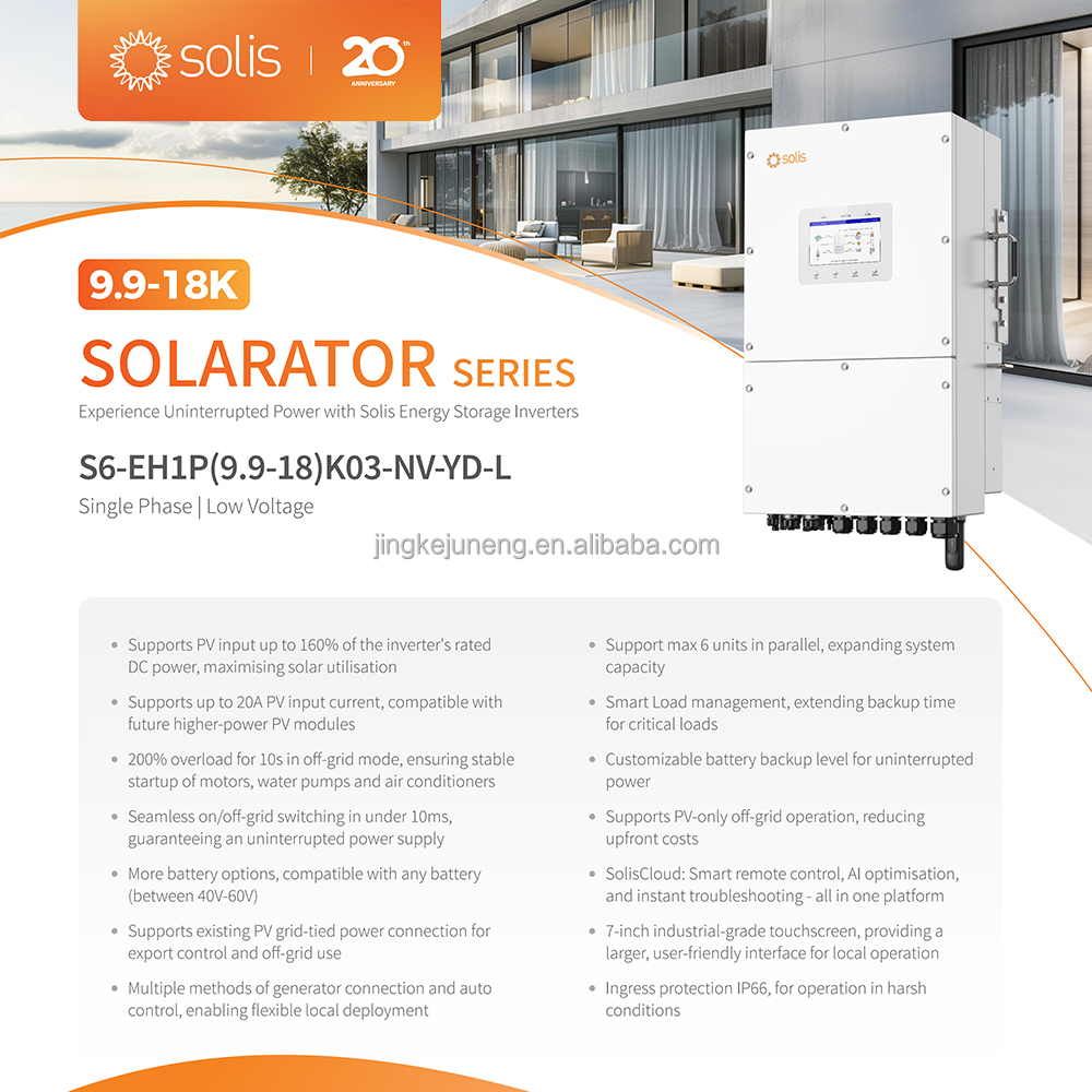 Solis 6kw 8kw 10kw 12kw 16kw 18kw Single Phase Hybrid Solar Inverter with 40-60V Low Voltage Battery for Energy Storage System