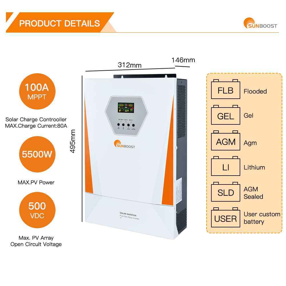 Sunboost 3000W-5000W Hybrid Solar Inverter Generator 24V/48V MPPT Controller Single Output Type DC/AC Inverters CE Certificate