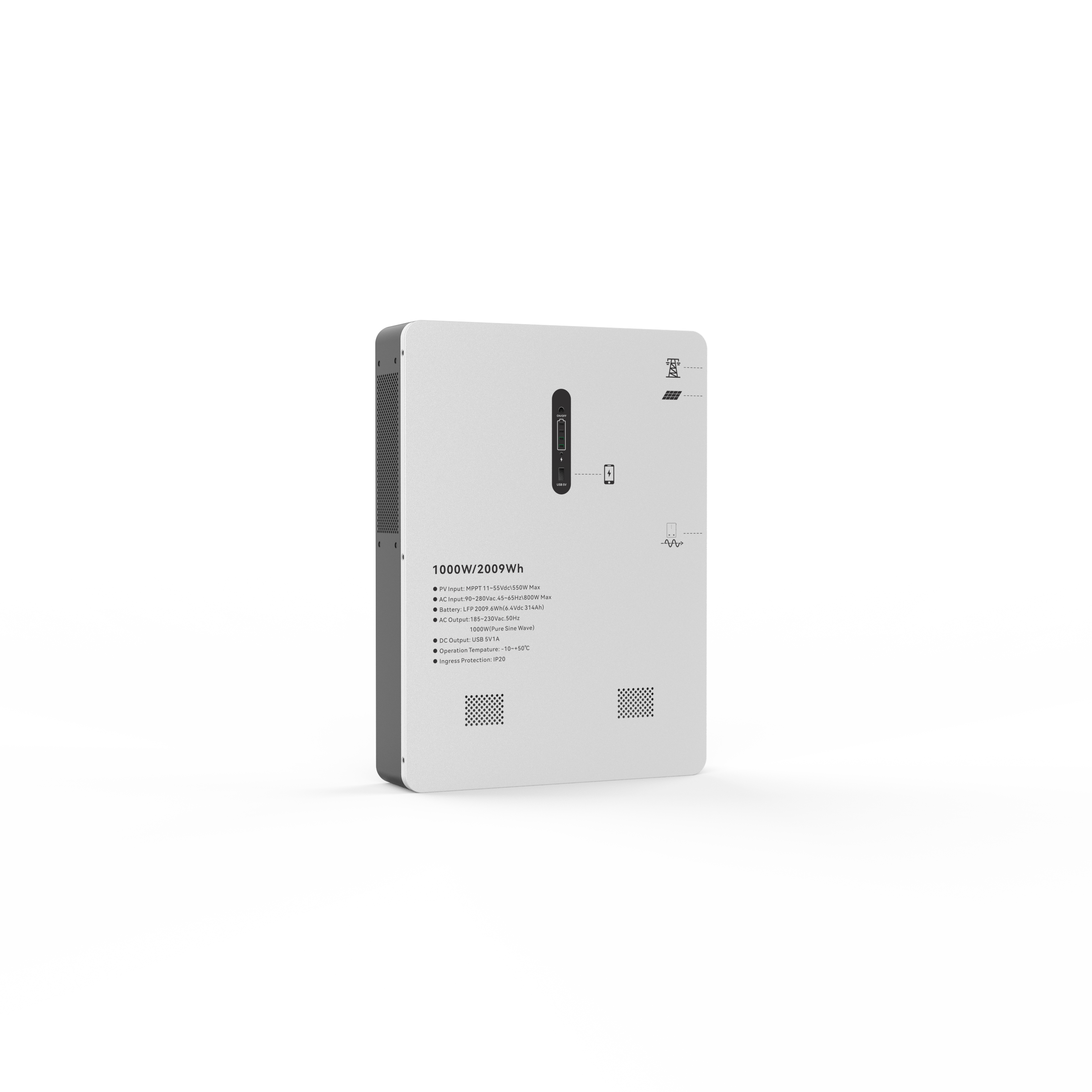 1000W 2009Wh Wall Mounted ESS All In One Solar Inverter Support Solar Charging 8000 Cycles LiFePO4 Home Energy Storage System