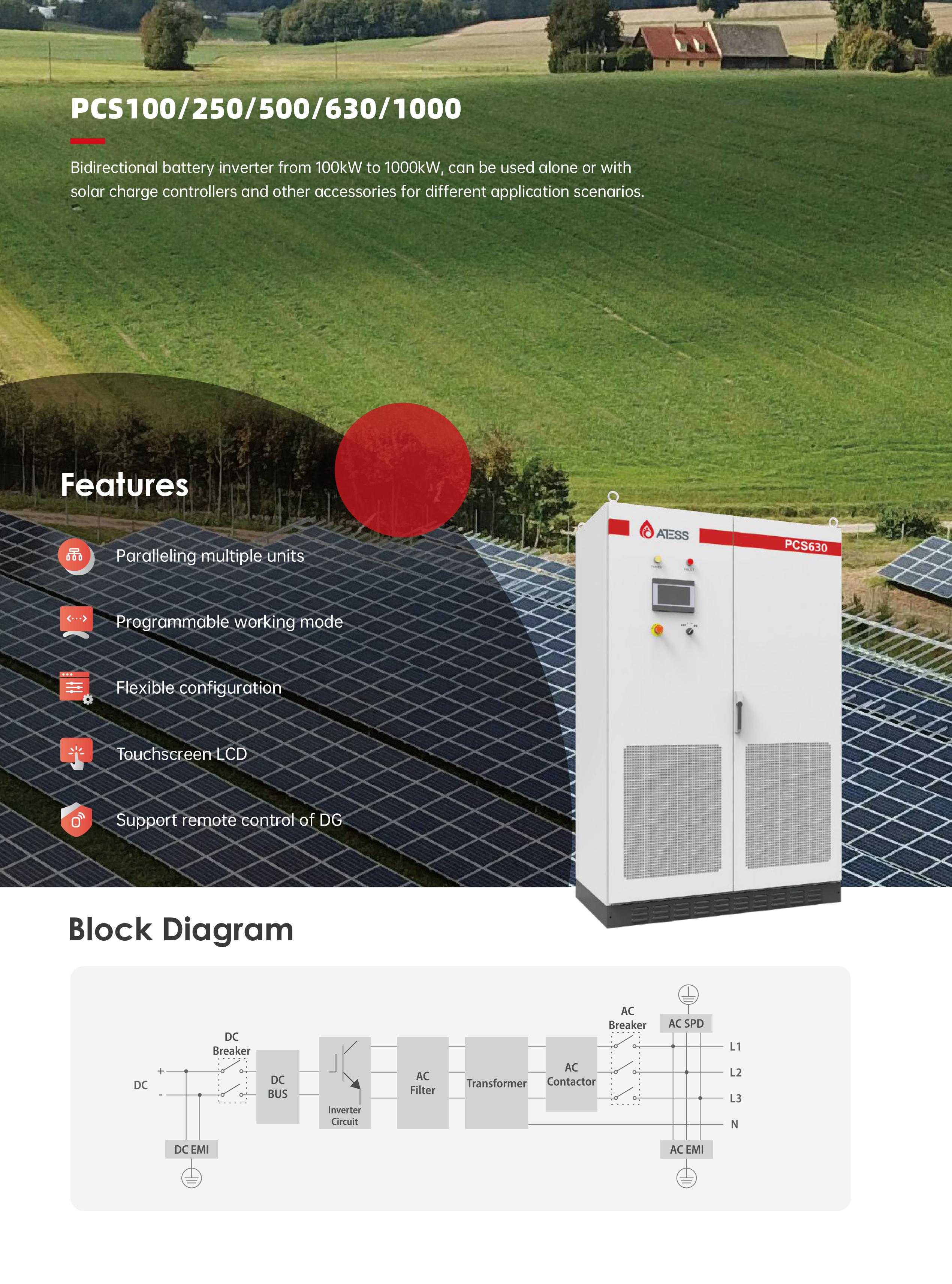 Atess PCS Series PCS100/250/500/630/1000 100-1000kw High Voltage Hybrid Solar Inverter