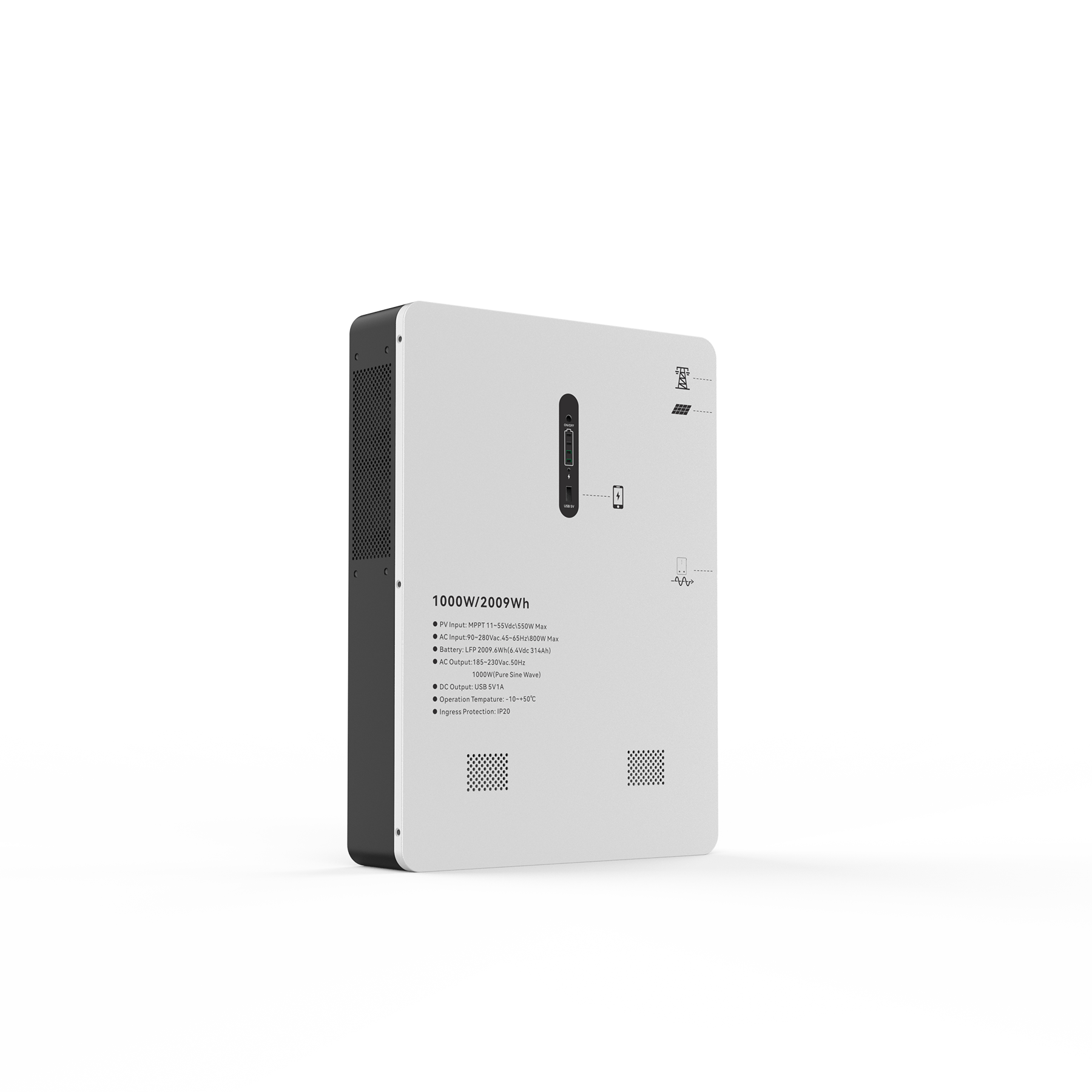 1000W 2009Wh Wall Mounted ESS All In One Solar Inverter Support Solar Charging 8000 Cycles LiFePO4 Home Energy Storage System