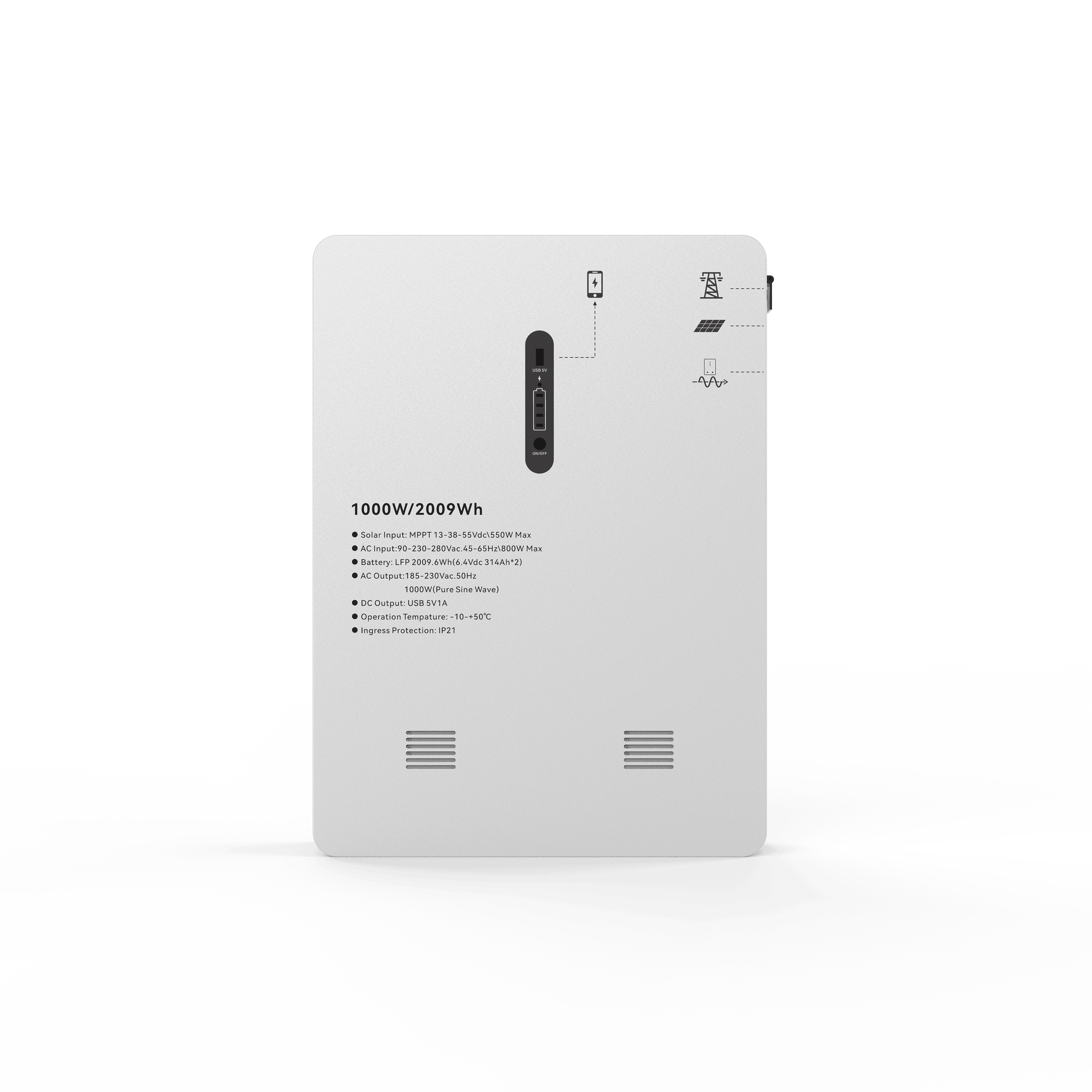 1000W 2009Wh Wall Mounted ESS All In One Solar Inverter Support Solar Charging 8000 Cycles LiFePO4 Home Energy Storage System