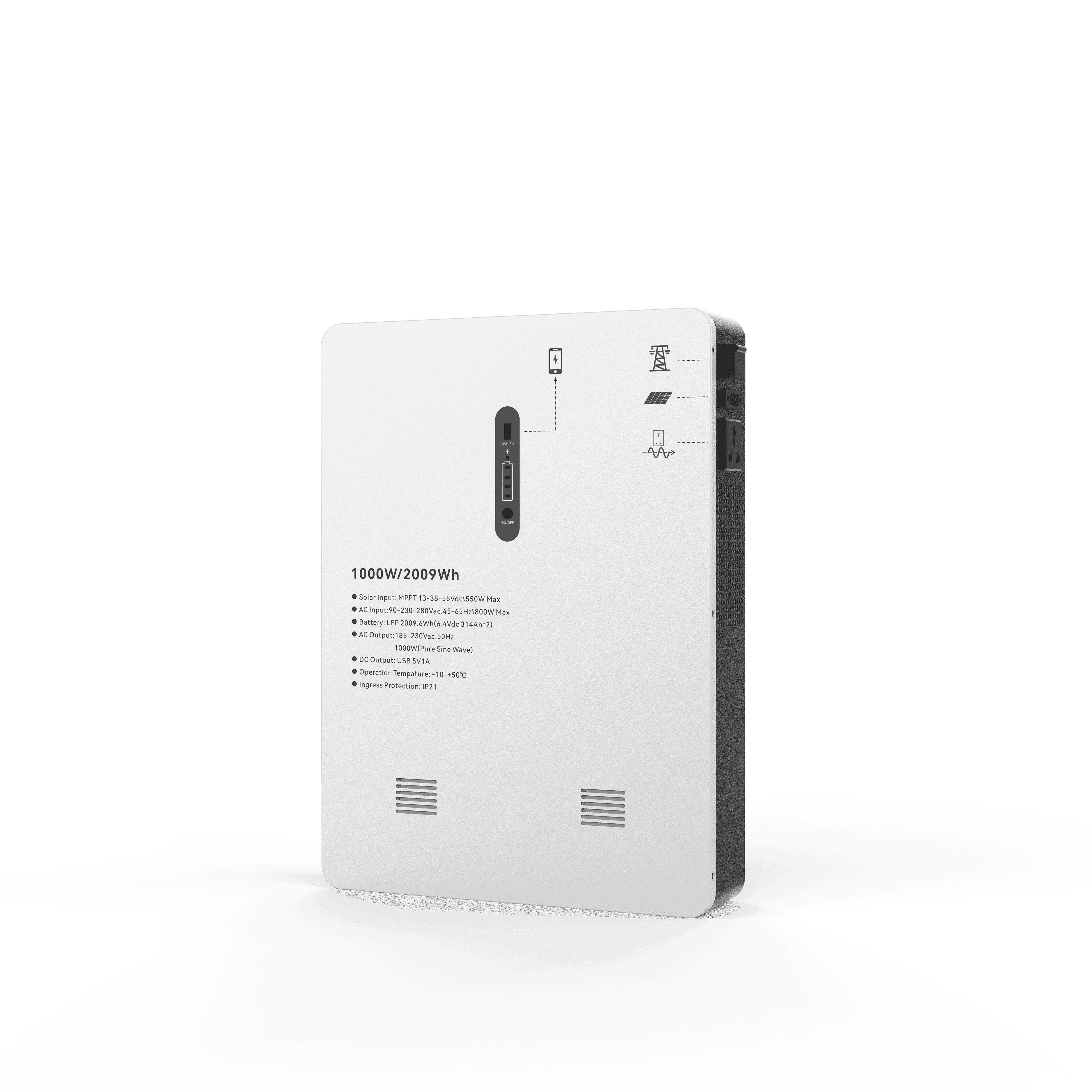 1000W 2009Wh Wall Mounted ESS All In One Solar Inverter Support Solar Charging 8000 Cycles LiFePO4 Home Energy Storage System