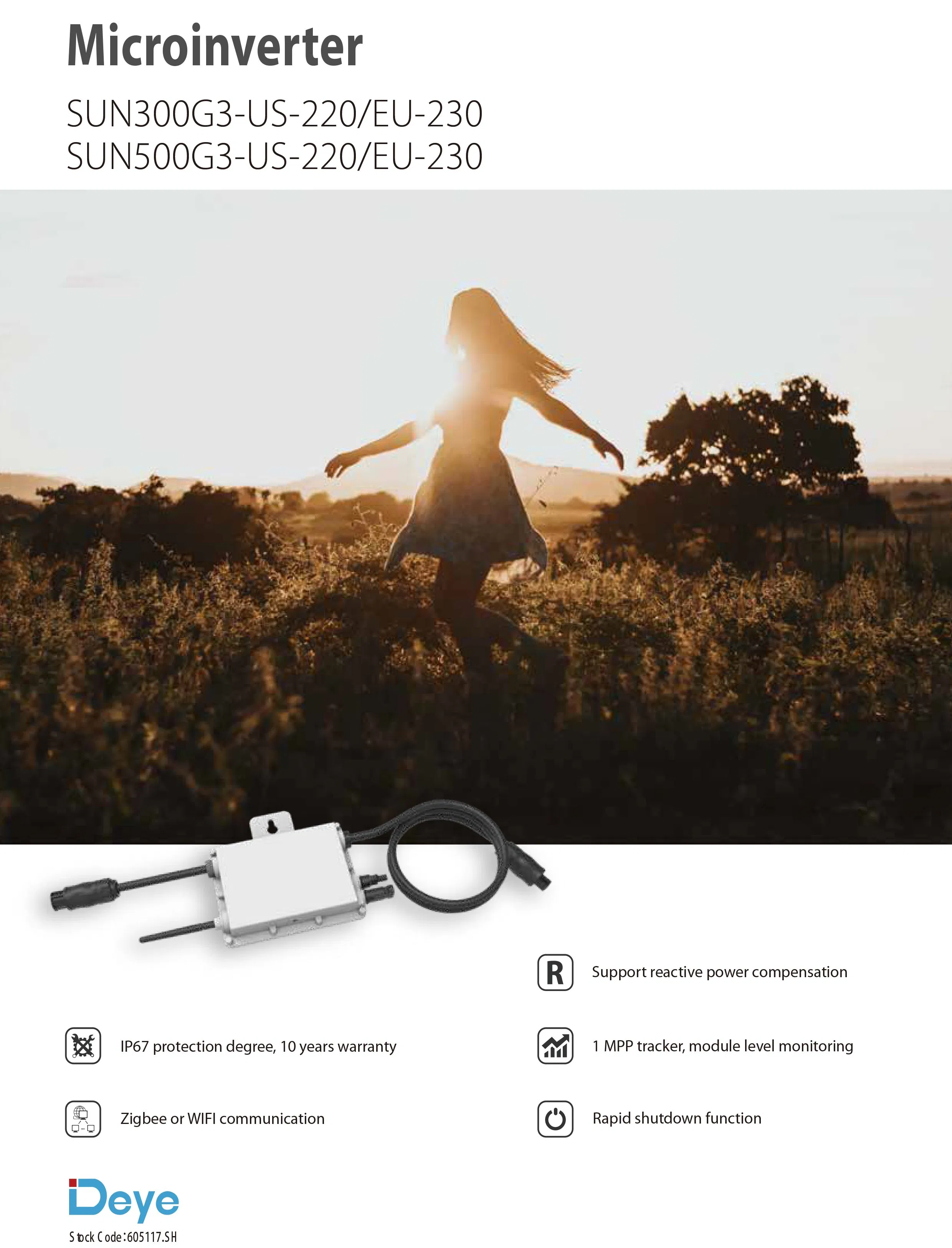 Deye Home Use Sun600g3-Us-220/EU-230 Sun800g3-Us-220/EU-230 Sun1000g3-Us-220/EU-230 Single Phase 2 MPPT Micro-Inverter Microinverter Rapid Shutdown