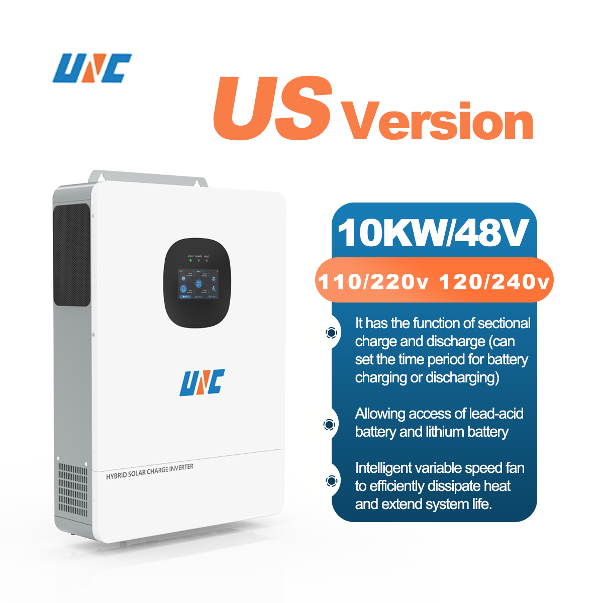 UNC 10kw 10kva 110V/220v 51.2v 48v Hybrid Inverter UL1741 Dual MPPT Split Phase Grid-connected Diesel Generator Solare Ibrido