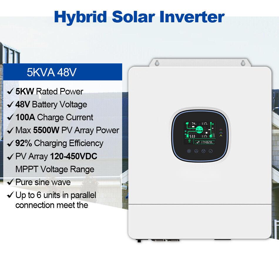 5KW MPPT Hybrid Solar Inverter Generator 110V Input 80A Current 48V DC for Home Use Single Phase WiFi 60Hz AC WiFi Parallel 6
