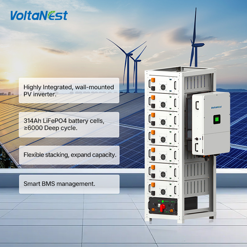 VoltaNest 50/60kW Hybrid Inverter Solar Energy System HV 64/80/96/112 kWh LiFePO4 Battery All in One C&amp;I ESS