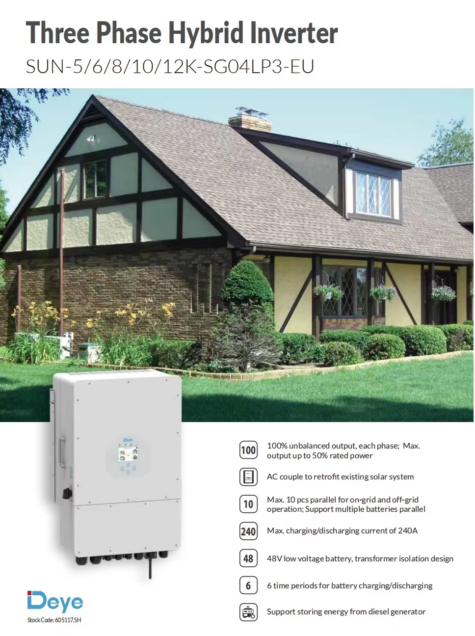 Deye SUN-5-12K-SG04LP3-EU 5-12kW Hybrid Inverter Diesel Generator Compatible for EU Weak Grid Area