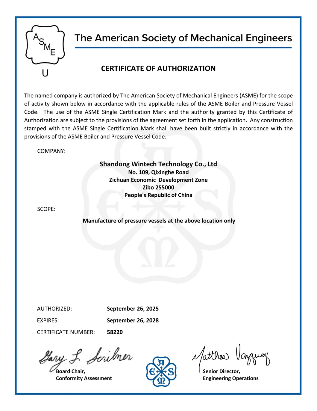 Technical Specifications Chart