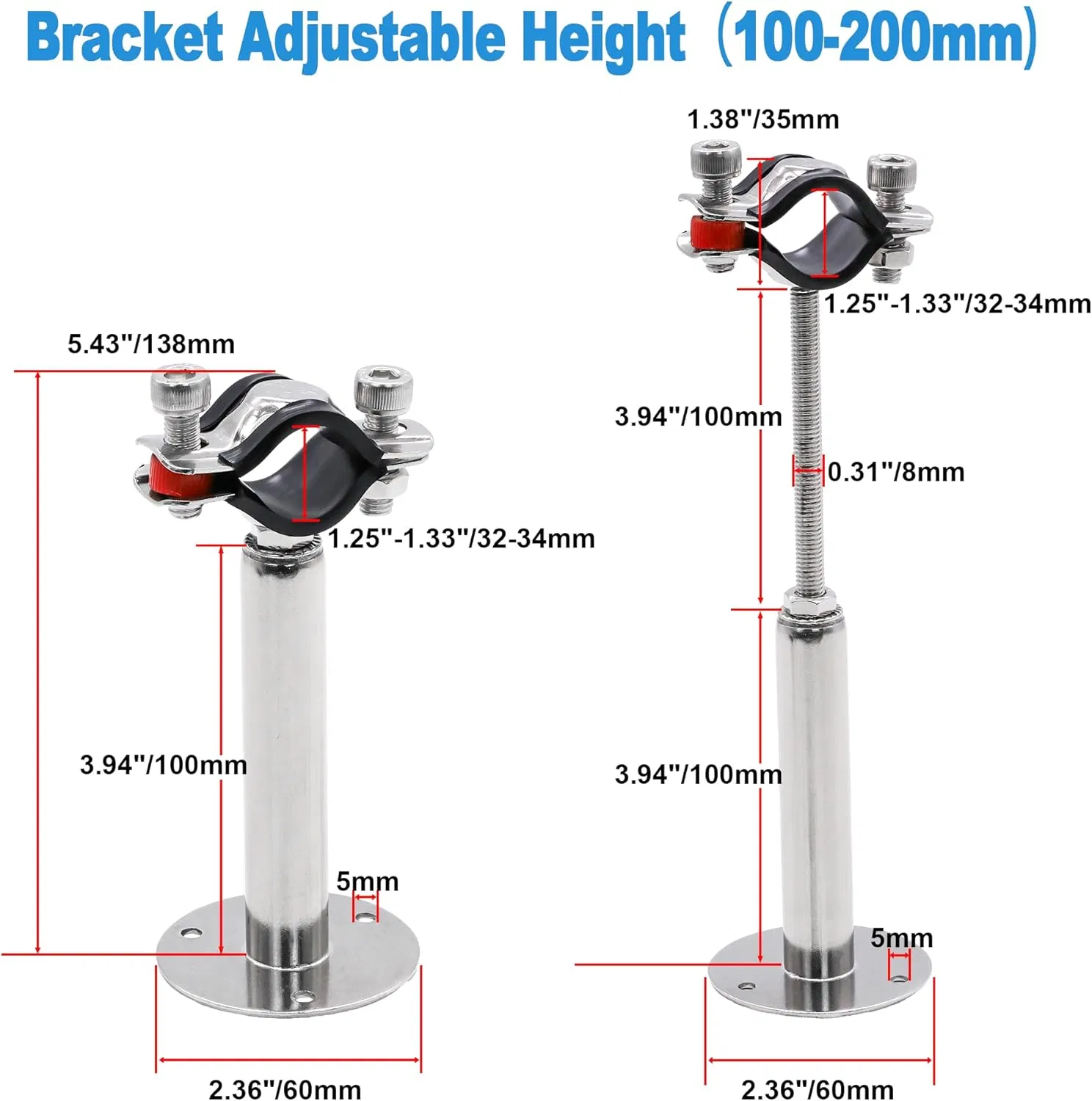 Wall Mount Ceiling Mount Pipe 304 Stainless Steel Pipe Supports Pipe Standoff Adjustable Height 100-200mm