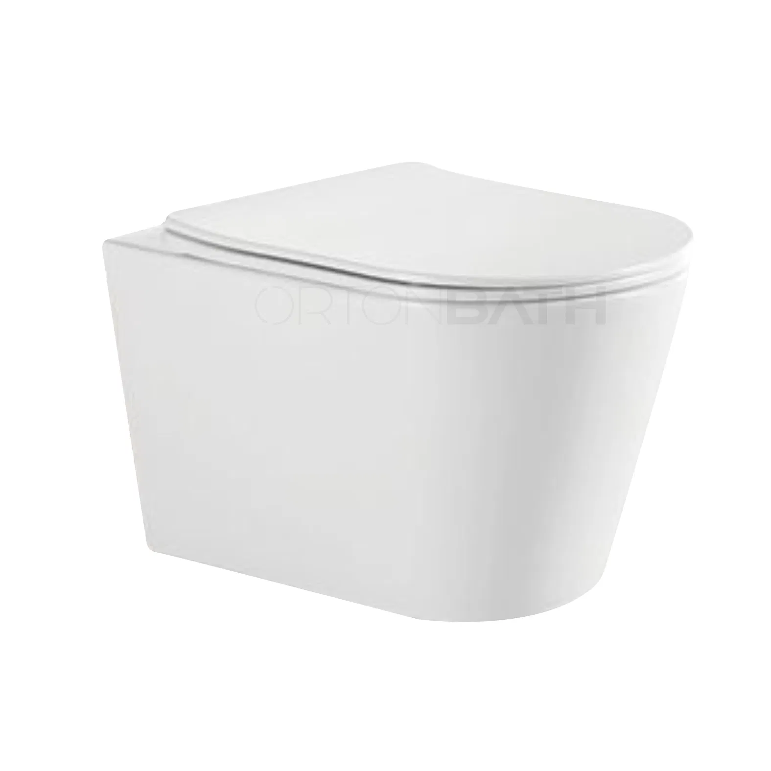 Ortonbath Hot Selling Large Size Slim Rimless Tornado Wall Hung Toilet Bathroom Ceramic Rimless Wall Mounted Toilet Sanitary Ware with Duraplus UF Seat Cover