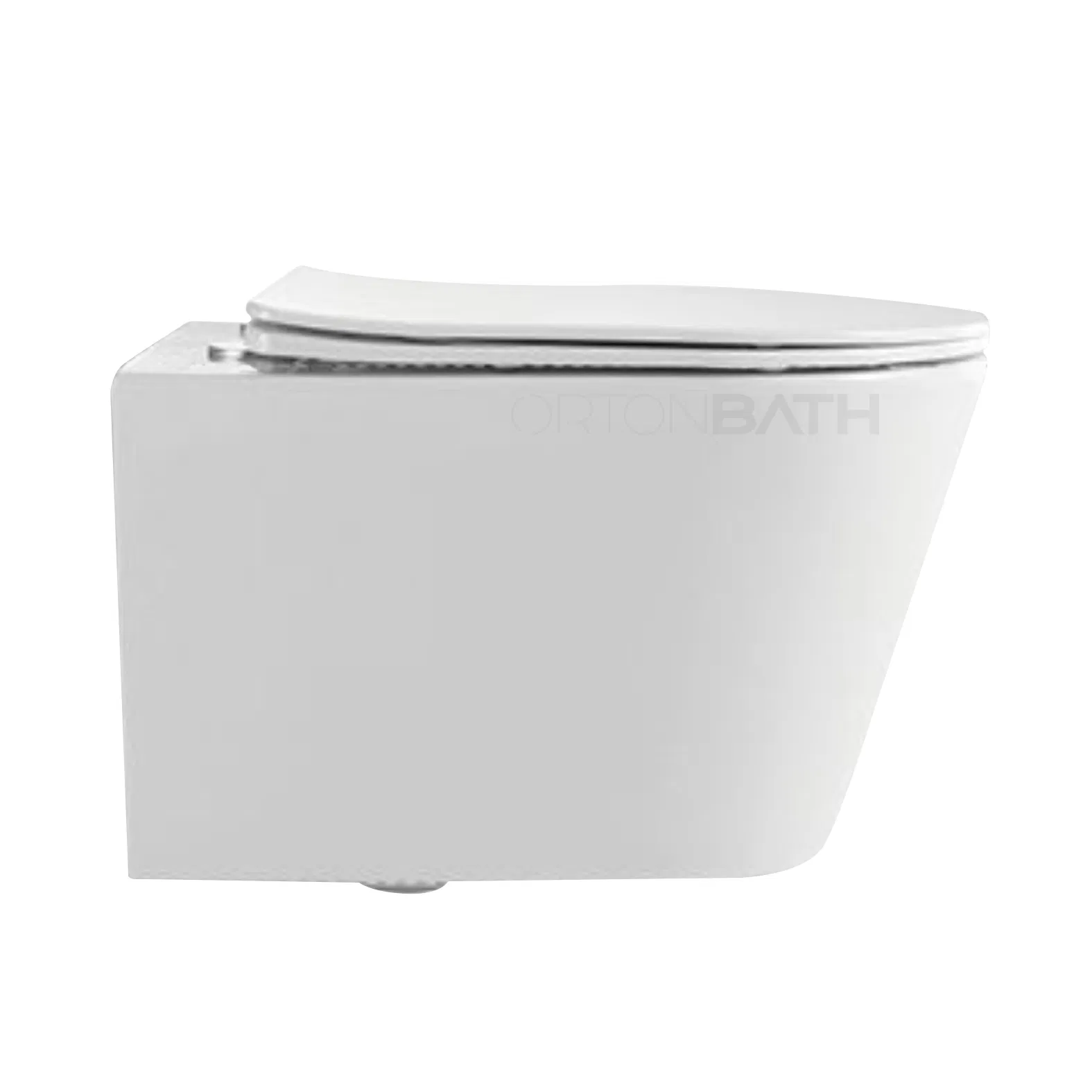 Ortonbath Hot Selling Large Size Slim Rimless Tornado Wall Hung Toilet Bathroom Ceramic Rimless Wall Mounted Toilet Sanitary Ware with Duraplus UF Seat Cover