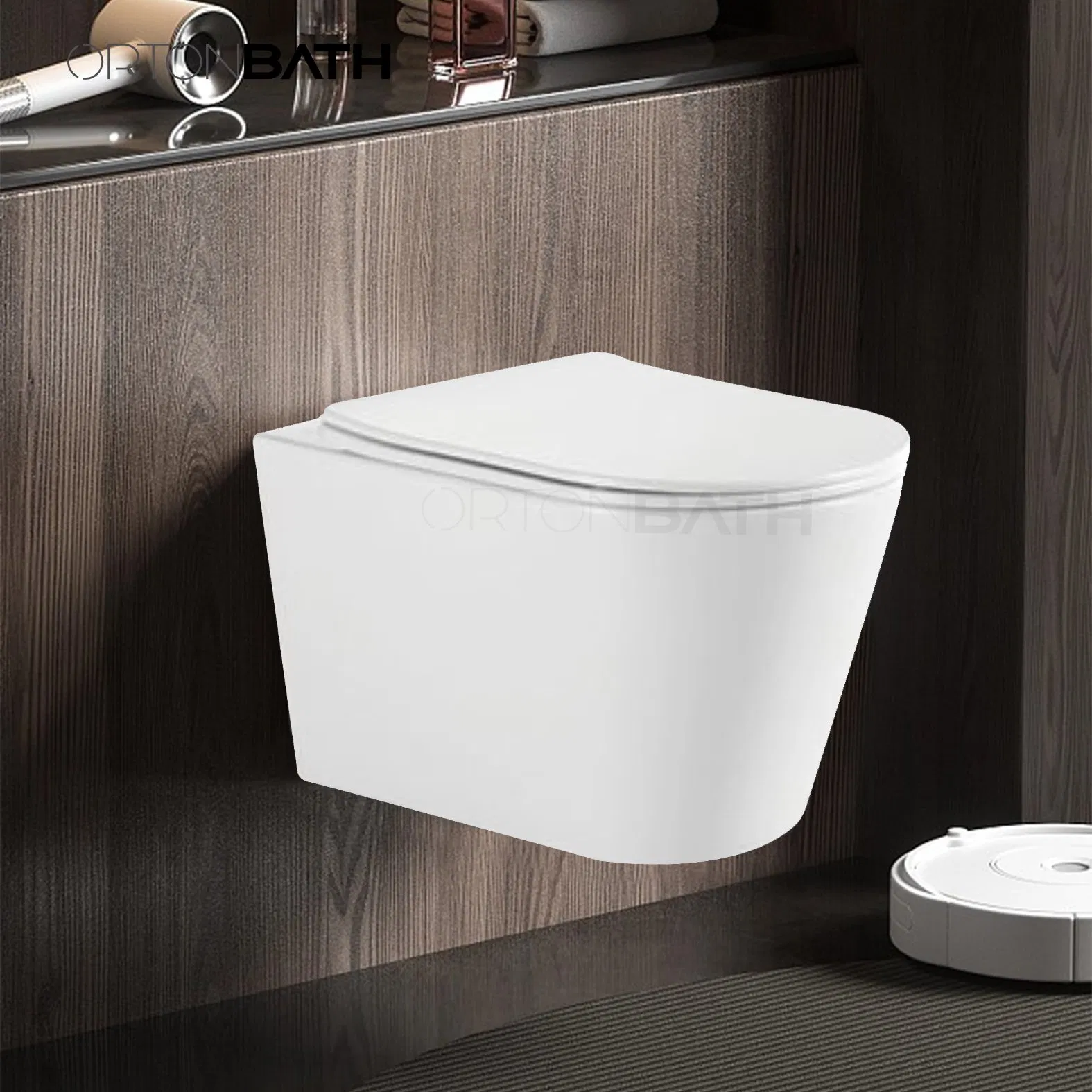 Ortonbath Hot Selling Large Size Slim Rimless Tornado Wall Hung Toilet Bathroom Ceramic Rimless Wall Mounted Toilet Sanitary Ware with Duraplus UF Seat Cover