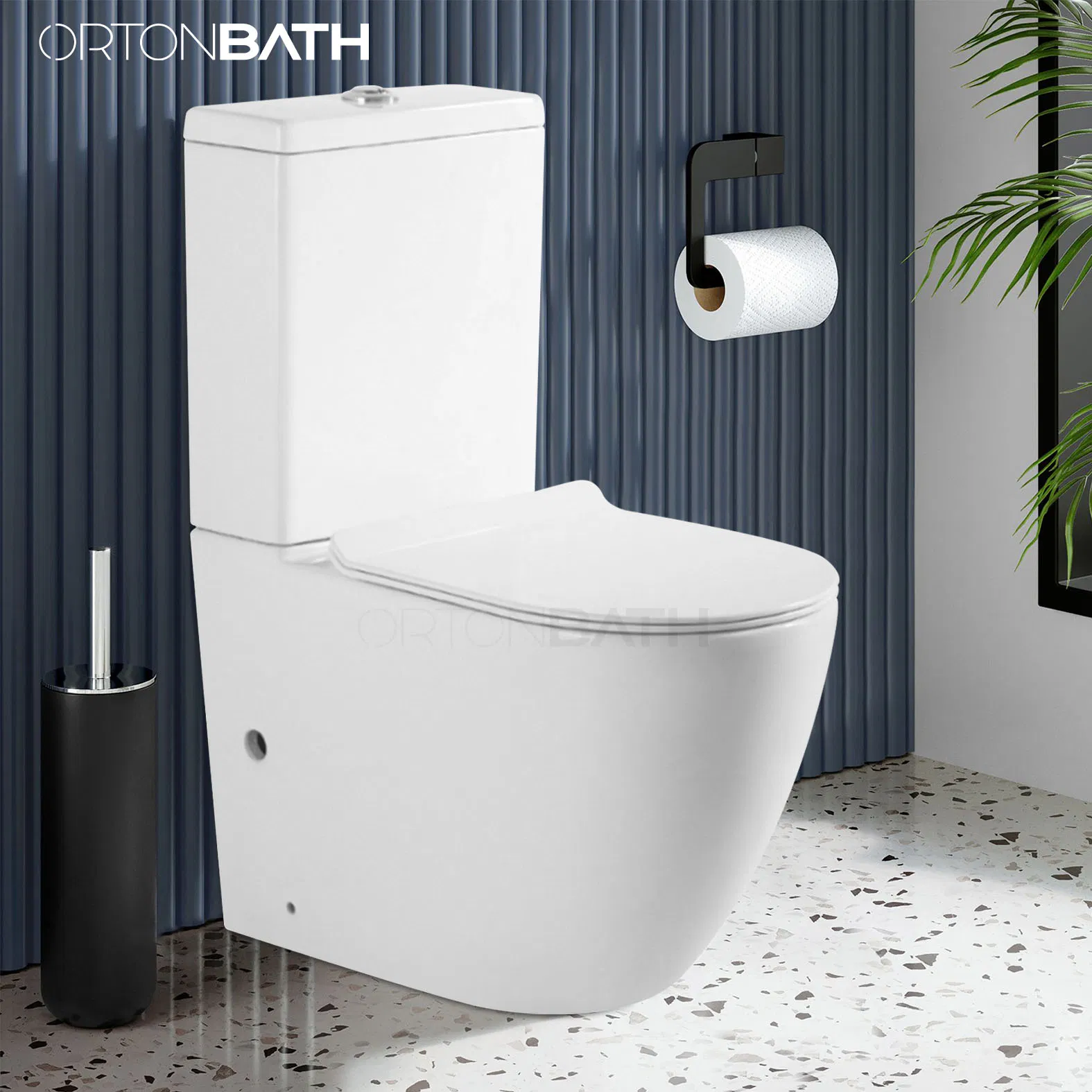 Ortonbath One Hole Tornado Fully Back to Wall Two Piece Ceramic Toilet Sanitary Ware Close Coupled Toilet Bowl Seat P Trap Toilet with Soft Close Seat