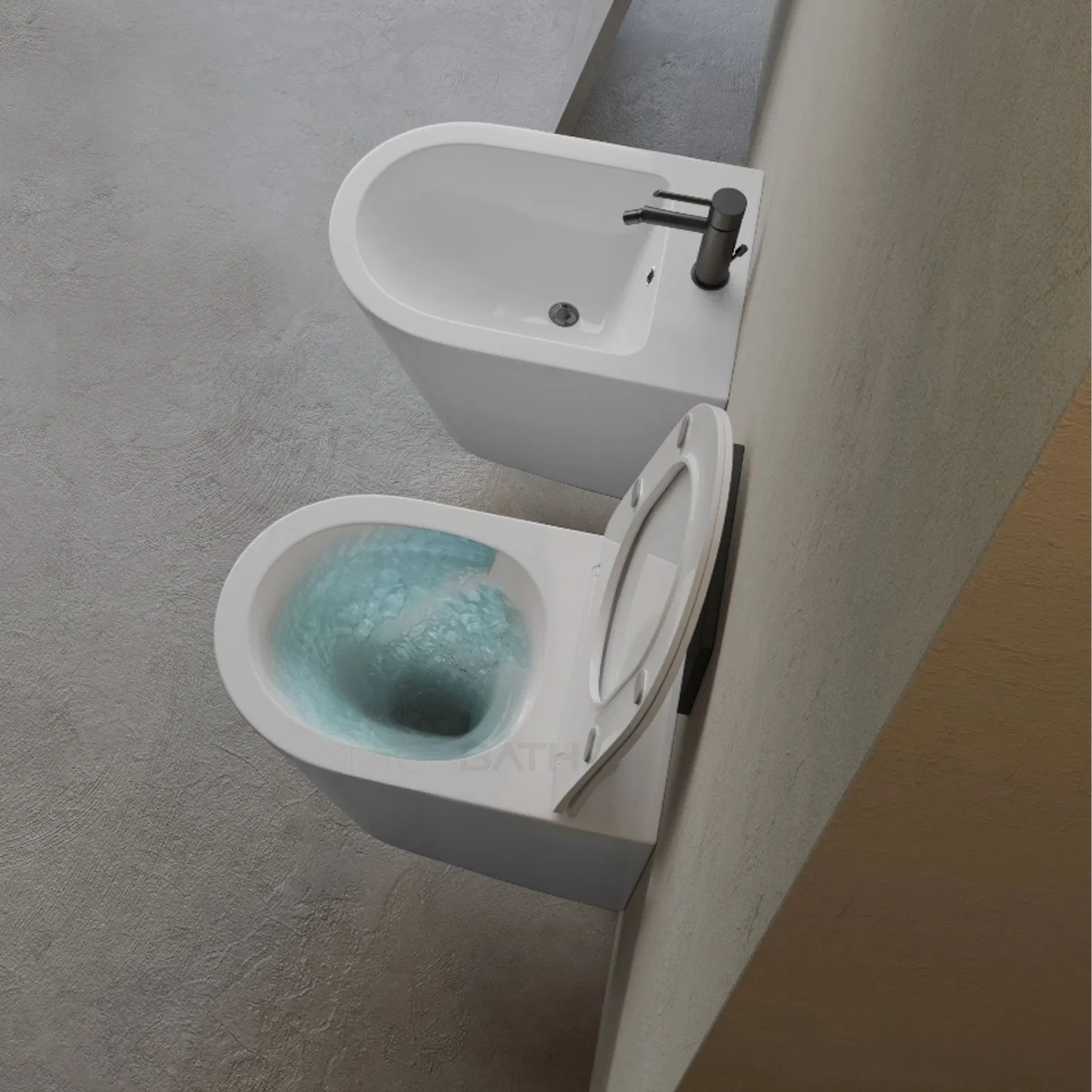 Ortonbath Hot Selling Large Size Slim Rimless Tornado Wall Hung Toilet Bathroom Ceramic Rimless Wall Mounted Toilet Sanitary Ware with Duraplus UF Seat Cover