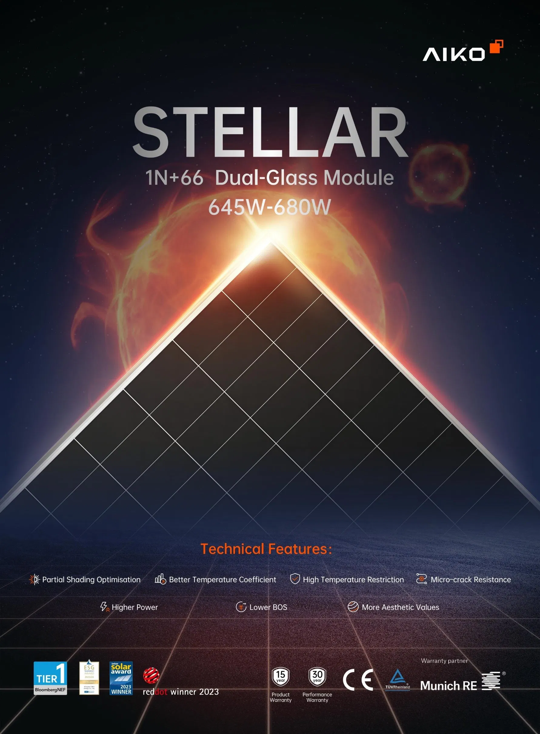 Aiko Higher Power Aiko-A670-Grh66dw 680W 670W 660W 650W Aiko Stellar Series Bifacial PV Module for Commercial Solar System