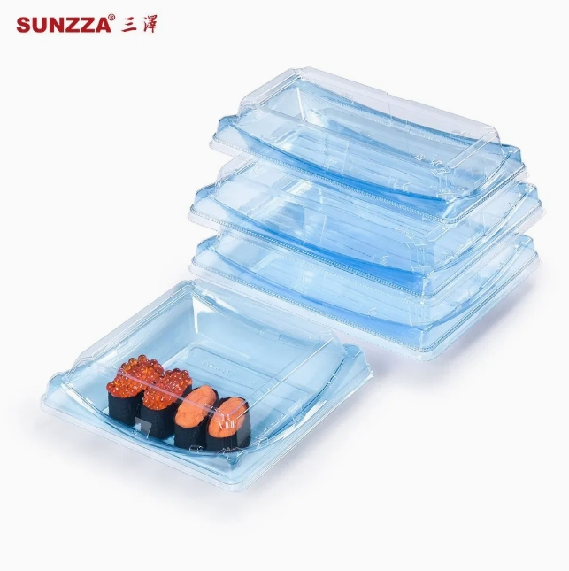 Sunzza Clear Blue Takeaway Sushi Sashimi Disposable Plastic Package with Antifog Lid