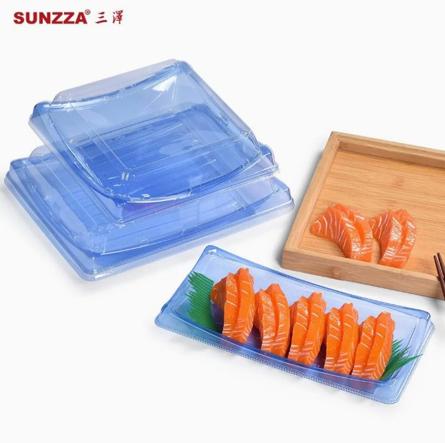 Sunzza Clear Blue Takeaway Sushi Sashimi Disposable Plastic Package with Antifog Lid