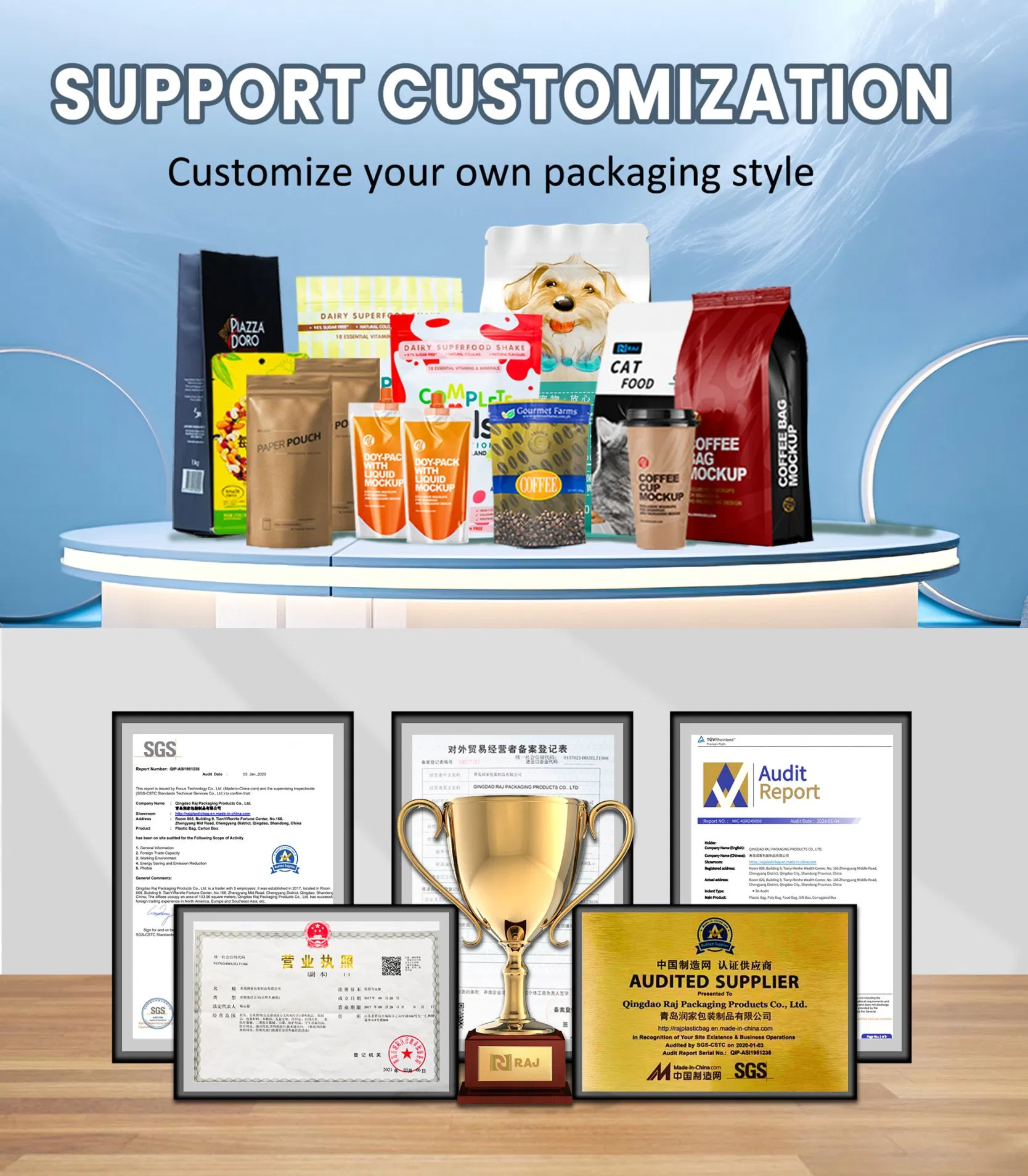 Customized Frozen Food Meat Vegetables Plastic Stand up Pouch Package with Zipper and Gussets