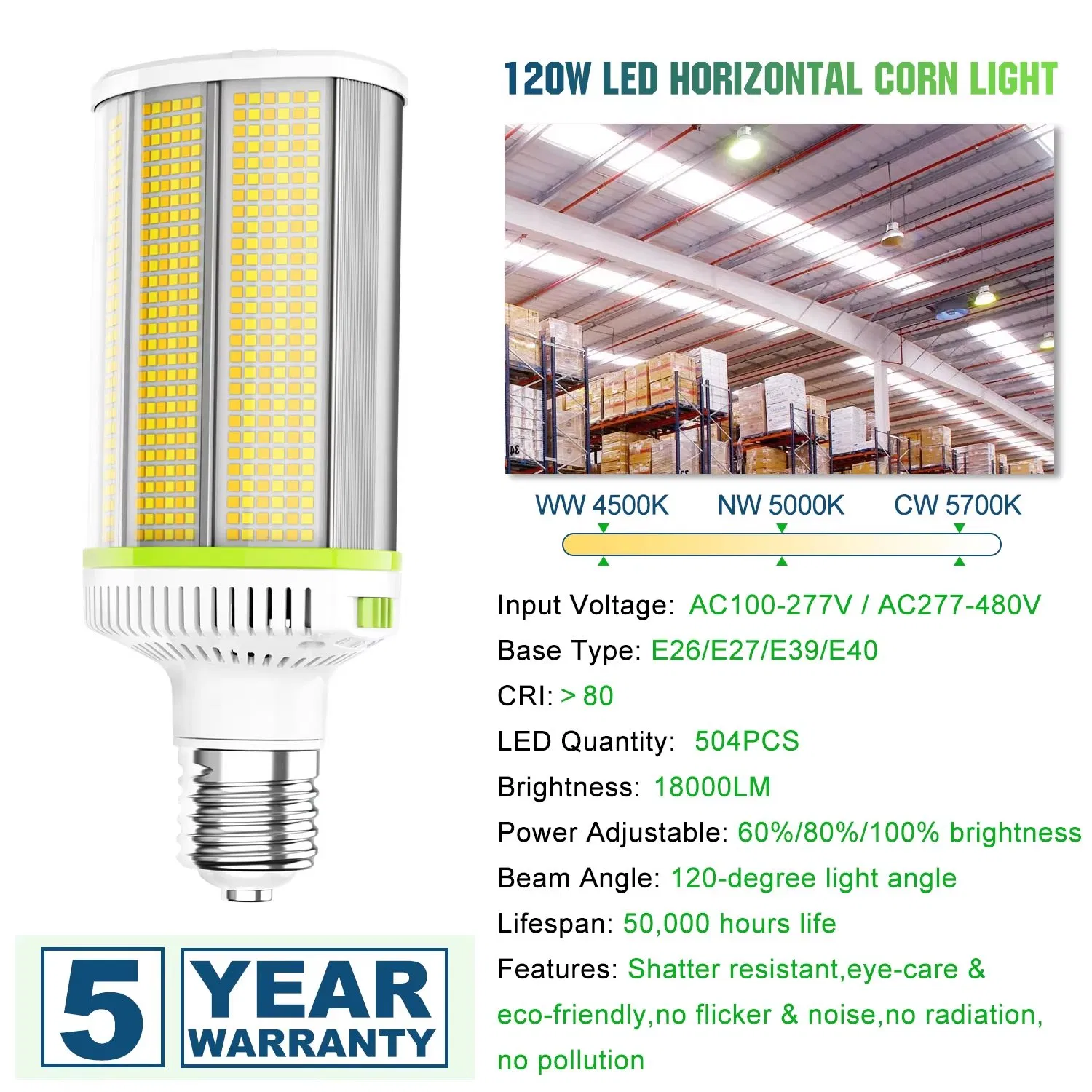 120-48W LED Corn Bulb 3CCT 3watt Tunable E39 Area Lights for Garage Warehouse High Bay Lighting