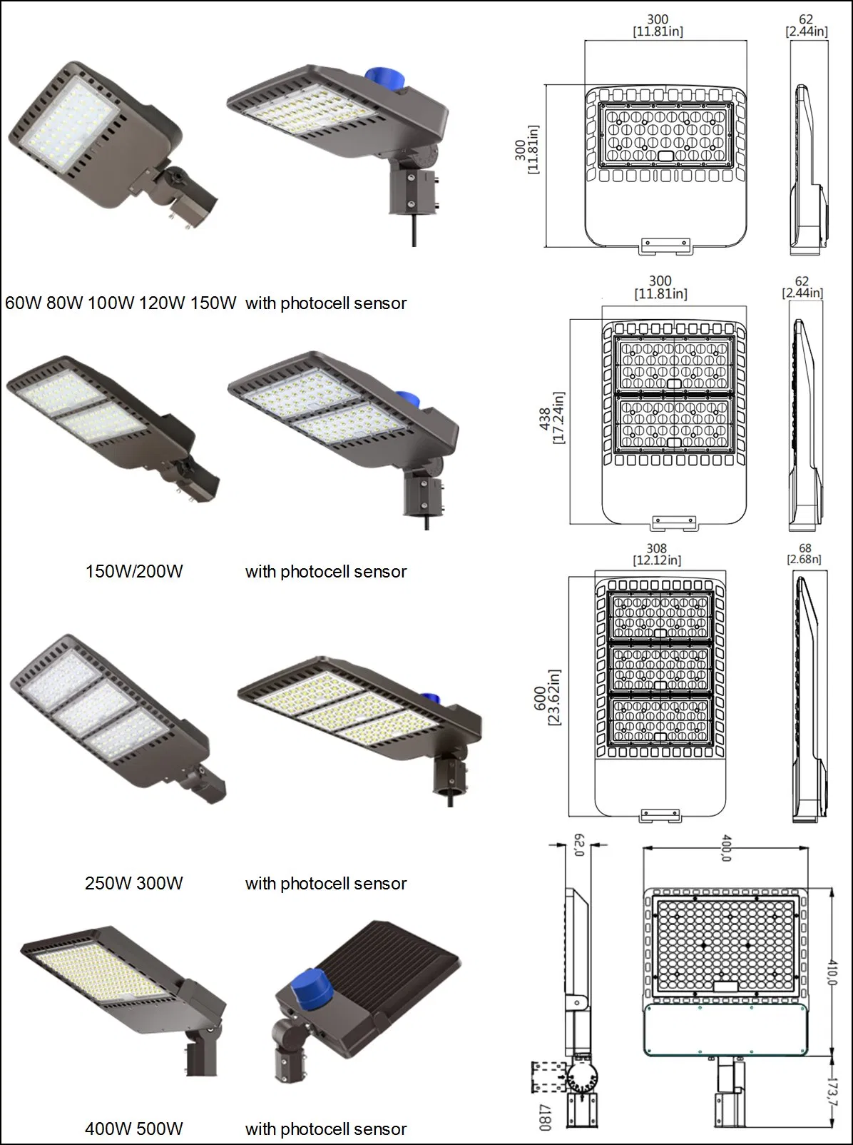 120V 277V 347V 480V ETL Dlc CE RoHS IP66 3watt 3CCT Tunable 300 Watt Shoe Box Lights Parking Lot Lighting Outdoor 100W LED Street Area Light 200W 400W 500W