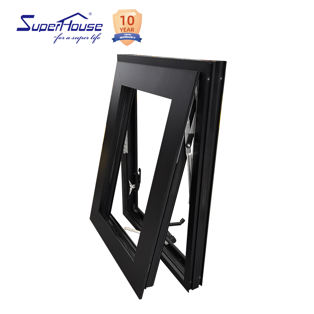 Superhouse American Style Modern Design NFRC Customized Size Tempered Glass Black Aluminum Crank Awning Window