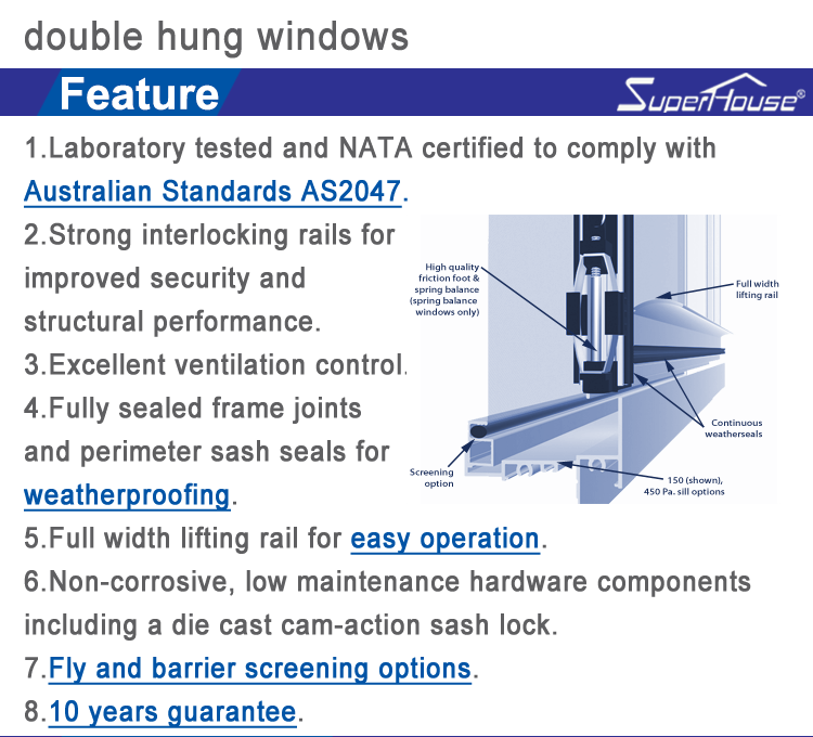Vertical Slide Aluminium Single Hung Windows Double Glazed Sliding Window Customized Double Hung Windows