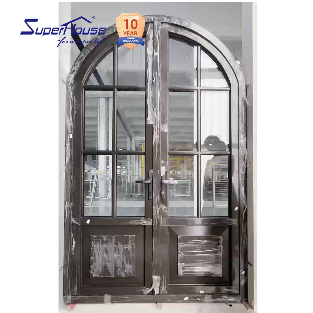 Superhouse Arched Top Double Aluminum French Door Multi Grid Glass Thermal Break Frame Windproof Waterproof Villa Entry Door