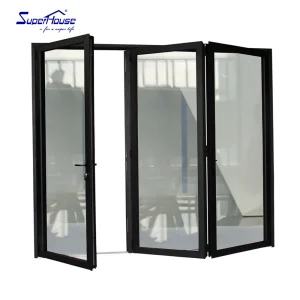 Commercial Hurricane Rated Aluminum Bifolding Door Horizontal Opening Double Glass Retractable Flyscreen for Shop Front Entrance