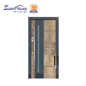 High-end customized Grey Black Wood color Front Entry Hinged Pivot door with sidelights frosted tempered glass & smart lock