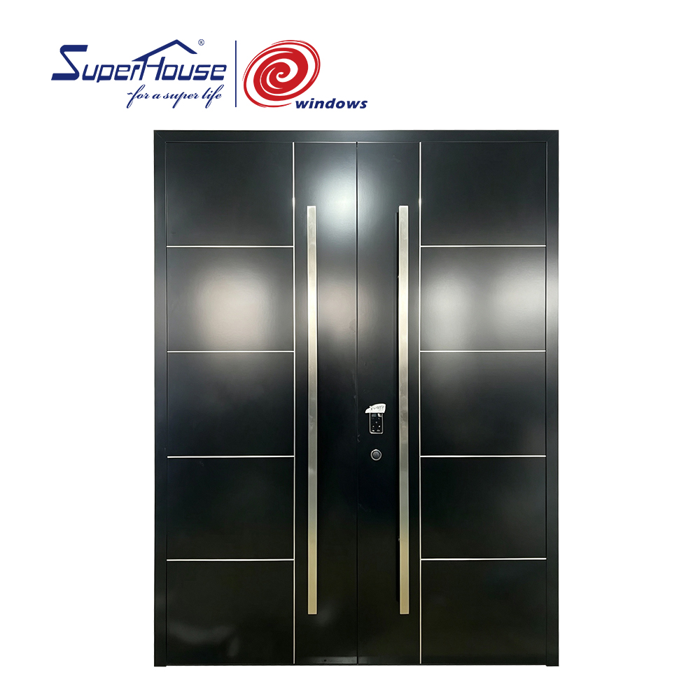 Modern Style Aluminum Double Entry Door Custom Design Exterior Front Door With Smart Lock Long Pull Handle for Luxury Villa