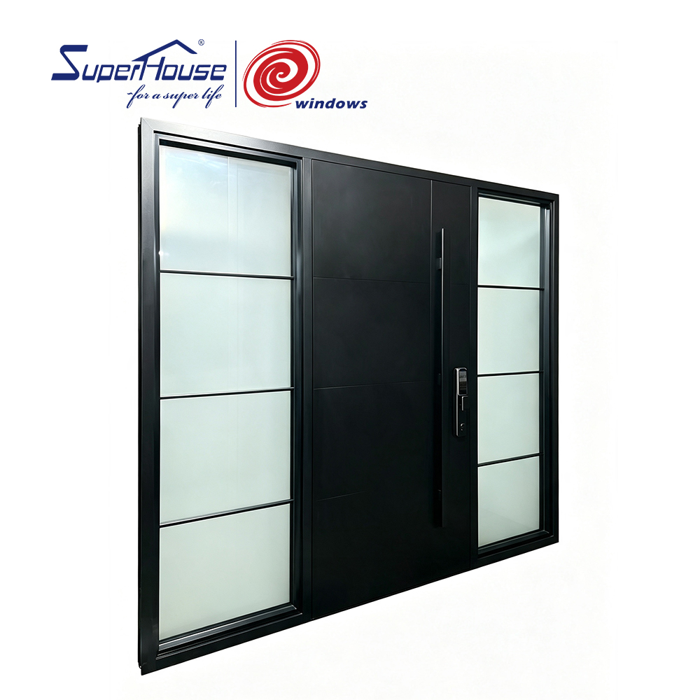 Security Modern Fancy Aluminum Graphic Design Entry Door with Frosted  Impact Glass Sidelites and Smart Lock for Luxury Villa