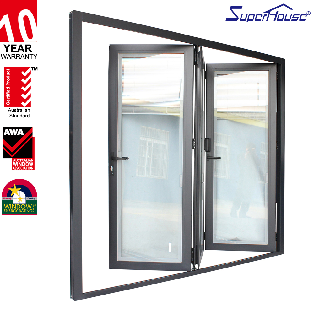 Superhouse Aluminium Accordion Bifolding Doors Fold Door Aluminum Alloy Tempered Glass Folding Door with Retractable Screen