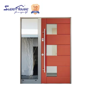 Customized fancy High-end colored wooden look Aluminium French Entry door with sidelights smart lock for modern house home