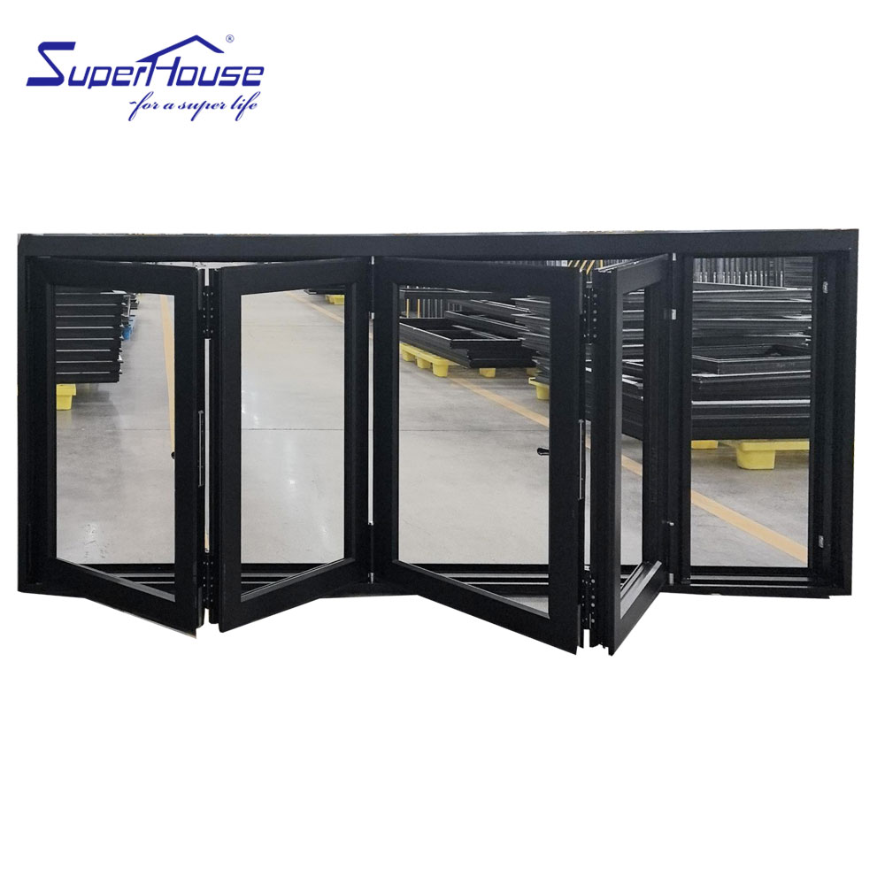 Superhouse Aluminium Slim Bifolding windows Timber Colour Aluminum Tempered Glass Folding Window with Retractable Mesh