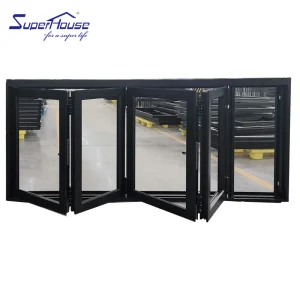 Superhouse Aluminium Slim Bifolding windows Timber Colour Aluminum Tempered Glass Folding Window with Retractable Mesh