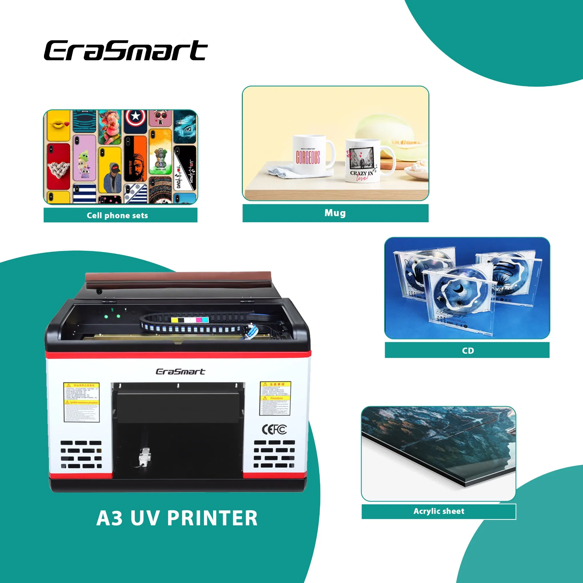 Erasmart 6 Colors A3 A4 Size UV LED Flatbed Printer for Selling, The Cheapest UV Printer on Sale for Ceramic Tile, Acrylic, ID Card, PVC