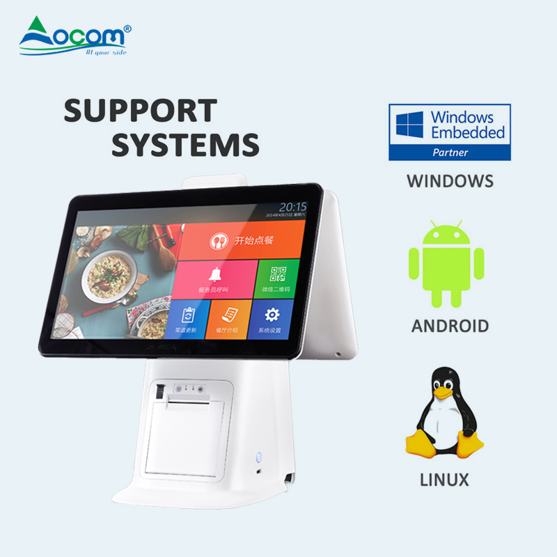 15 Inch All in One POS System Cash Register Android Windows Dual Screen Touch POS Terminal with Printer