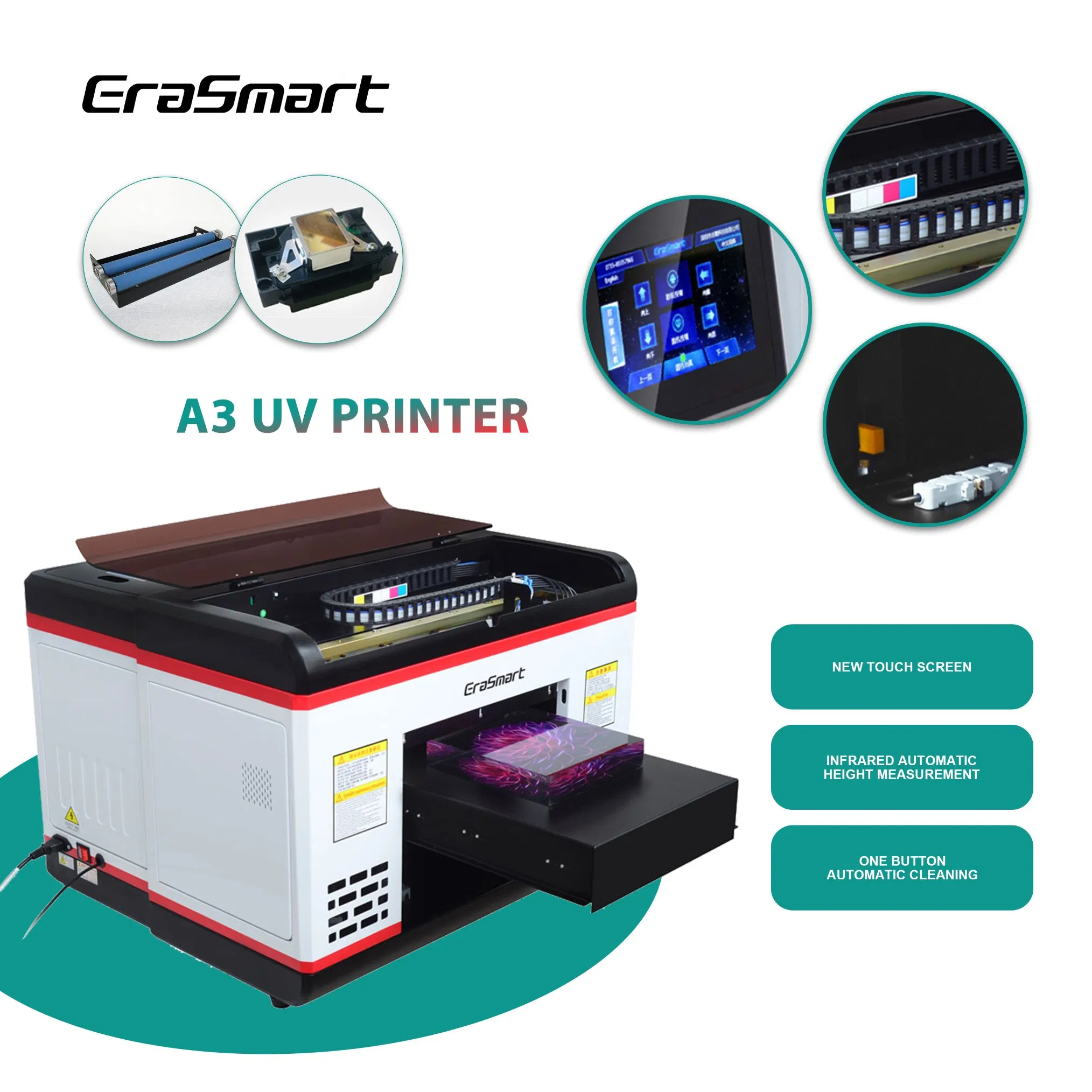 Erasmart 6 Colors A3 A4 Size UV LED Flatbed Printer for Selling, The Cheapest UV Printer on Sale for Ceramic Tile, Acrylic, ID Card, PVC