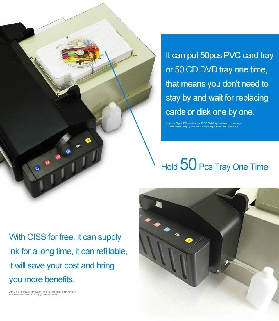 Latest Automatic CD DVD Disk PVC Card Inkjet Printing Machine with 50 CD Trays and 2PVC Card Trays Dye Ink 6colors CD DVD PVC ID Business Card Printer Machine